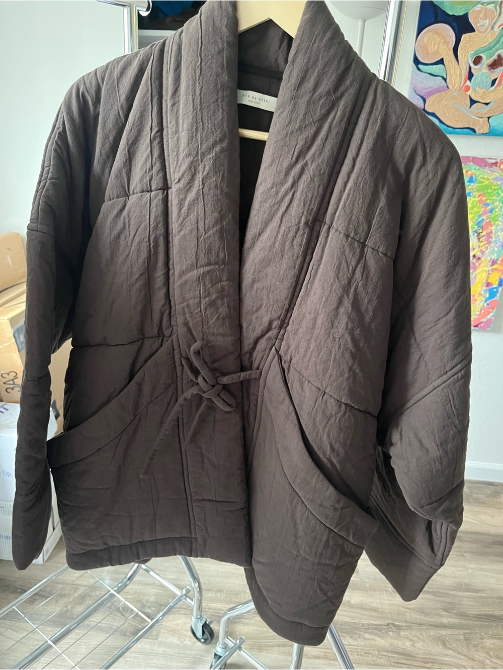 Quilted Shawl Collar Wrap Jacket - Dark Brown